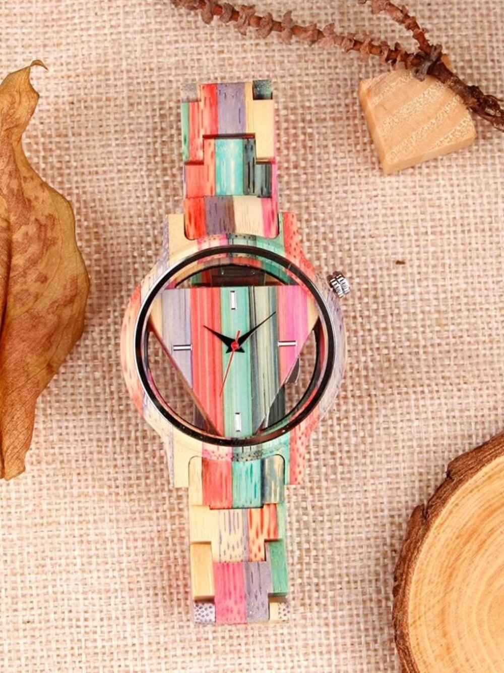 Mens Watch Colorful Multi Wooden Triangle Handmade Analog Dial Quartz Wristwatch - Picture 3 of 7